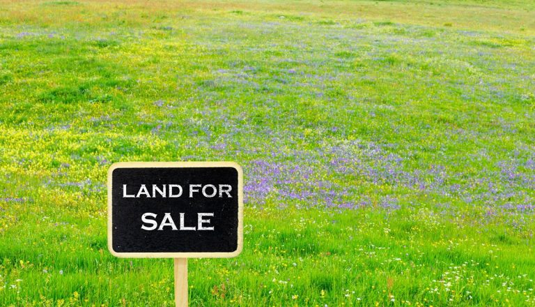 Land for sale sign in front of undeveloped land