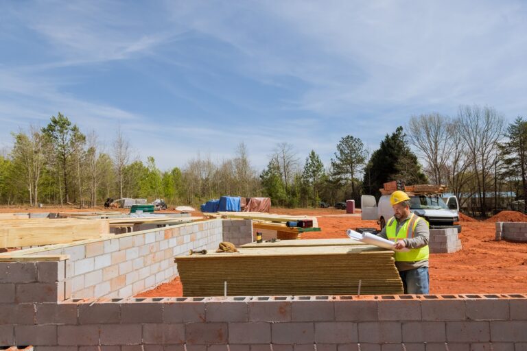 A home under construction with wooden frames and beams