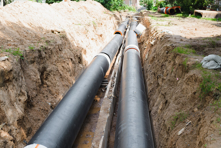 Installation of industrial waste pipes in a hole dug