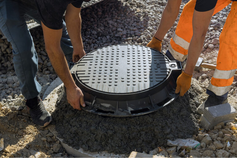 Two workers installing a sewer manhole on a septic tank
